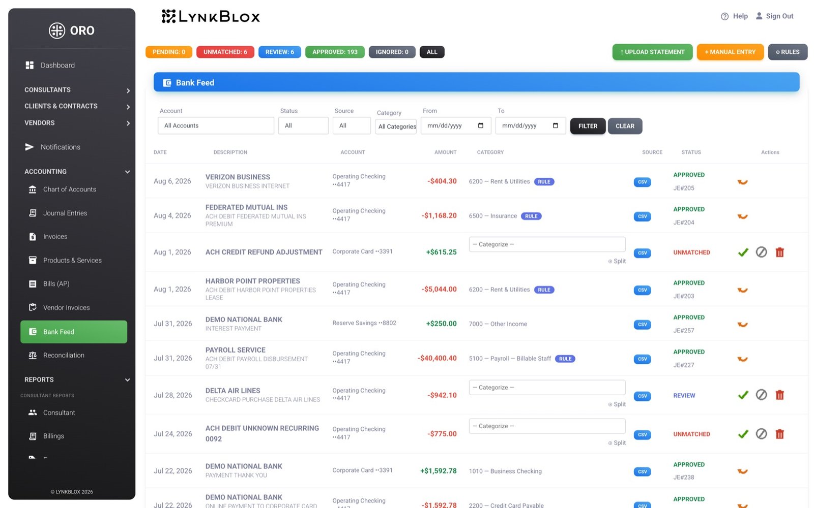 Bank feed listing transactions with status pills reading unmatched, review and approved; categorized rows show their GL account, a rule badge and a journal entry number.