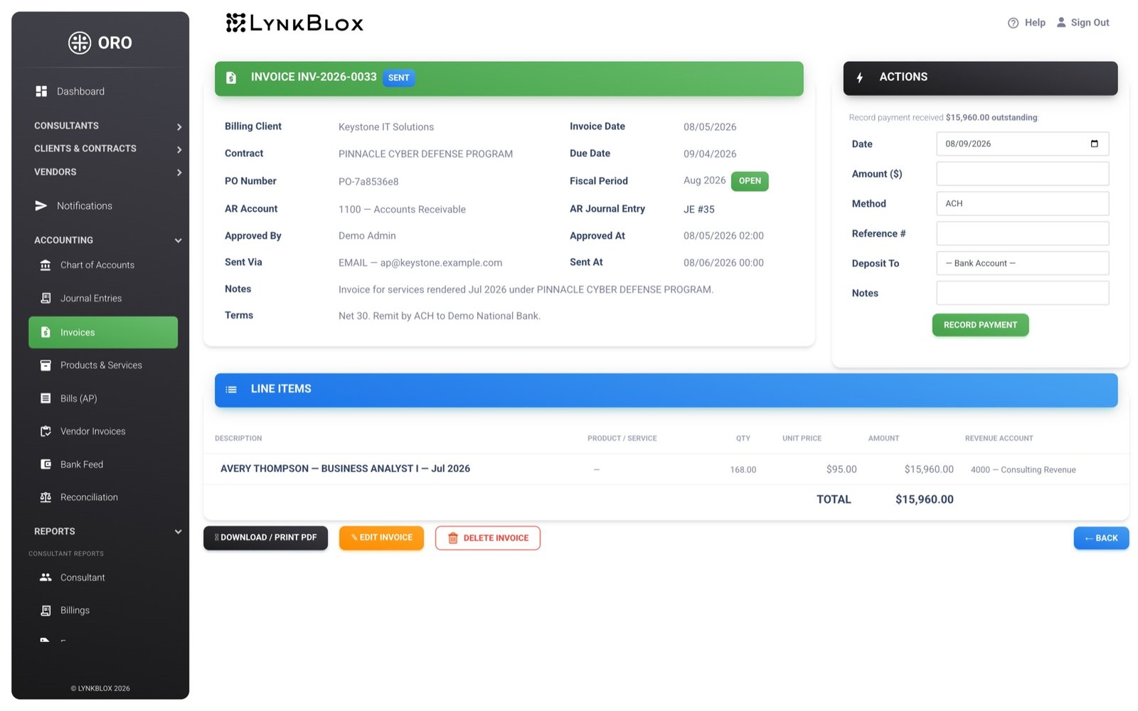 Invoice detail showing billing client, contract, PO number, AR account and journal entry reference, with a line item naming the consultant, labor category, hours, unit rate and revenue account.
