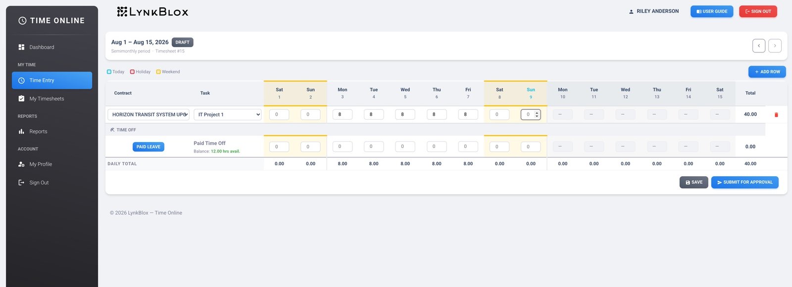Semimonthly timesheet grid for August 1 to 15 showing a contract and task row with eight hours logged Monday to Friday, shaded weekend and holiday columns, a paid-leave row with remaining balance, daily totals and a submit-for-approval button.