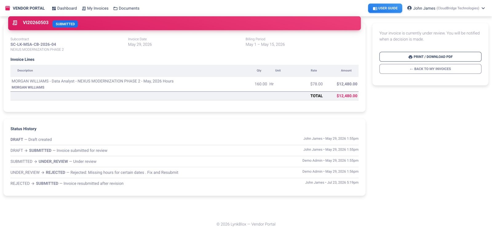 Vendor portal invoice showing the subcontract, billing period and a line item naming the consultant, hours and rate, with a status history listing draft created, submitted for review, under review, rejected with a reason, and resubmitted after revision — each stamped with who acted and when.